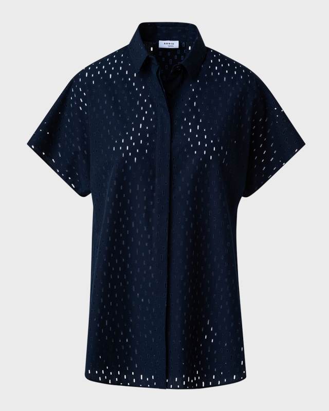 Lasercut Grid Cotton Poplin Collared Shirt